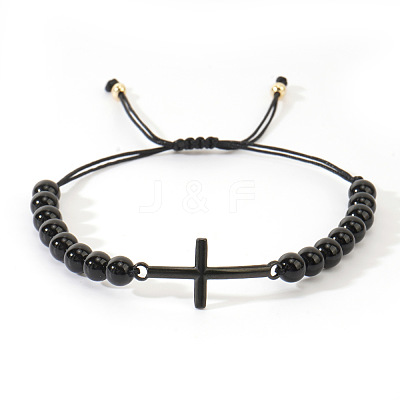 Natural Black Onyx Round Bead Braided Bead Bracelets FL7803-4-1