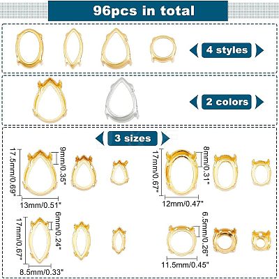 96Pcs 24 Styles  Brass Open Back Bezel Sew on Prong Settings KK-CA0003-16-1