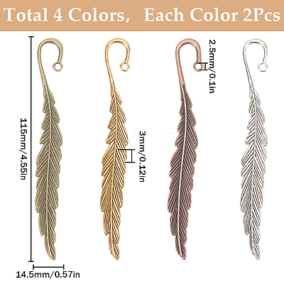 8Pcs 4 Style Feather Shape Tibetan Style Alloy Bookmarks Making AJEW-SC0002-56-1
