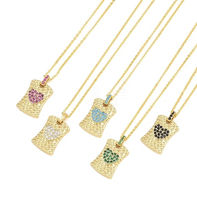 Brass Micro Pave Cubic Zirconia Rectangle with Heart Pendant Adjustable Slider Necklaces KK-CBA4547-08G-1