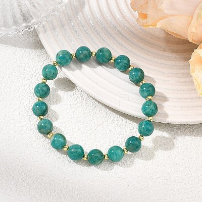 Round Natural Amazonite & Brass Spacer Beads Beaded Stretch Bracelets for Women BJEW-JB14078-1