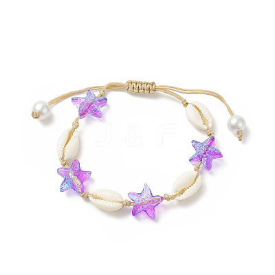 Natural Cowrie Shell & Glass Starfish Braided Bead Bracelet for Women BJEW-JB09943-1