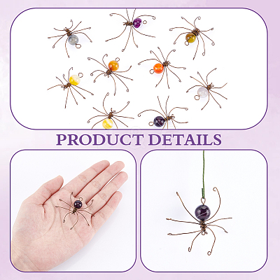 12Pcs 6 Colors Copper Wire Wrapped Natural Banded Agate Spider for Door Window Protection HJEW-NB00186-1