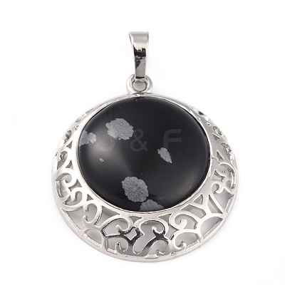Natural Snowflake Obsidian Pendants with Hollow Platinum Brass Findings G-P448-A11-P-1