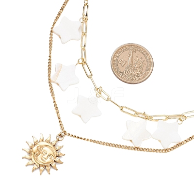 304 Stainless Steel Moon Sun & Natural Freshwater Shell Star Pendant Double Layer Necklaces for Women NJEW-JN05404-1