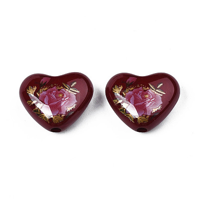 Flower Printed Opaque Acrylic Heart Beads SACR-S305-28-L04-1