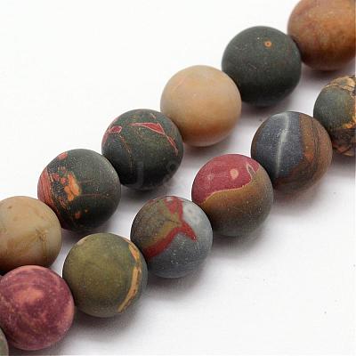 Natural Polychrome Jasper/Picasso Stone/Picasso Jasper Frosted Bead Strands G-O155-03B-6mm-1
