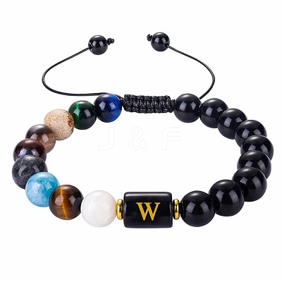 10MM Natural Black Obsidian Alphabet Beaded Braided Bracelets TO2319-23-1