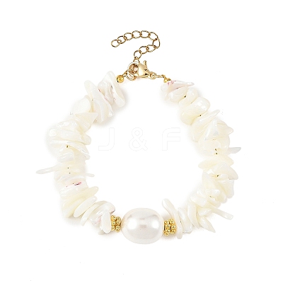 Ocean Oval Shell Pearl & Natural Shell Chip Beaded Bracelets for Women BJEW-JB14396-1