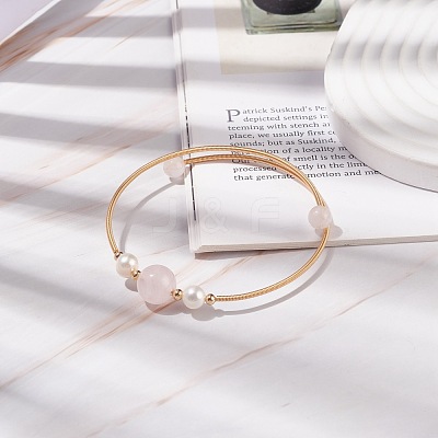 Natural Rose Quartz & Pearl Round Beaded Bangle BJEW-JB08464-02-1