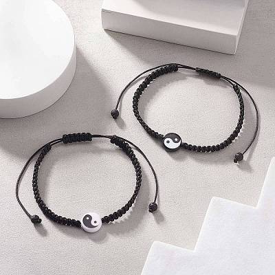 2Pcs 2 Color Acrylic Yin Yang Braided Bead Bracelets Set BJEW-JB09406-1