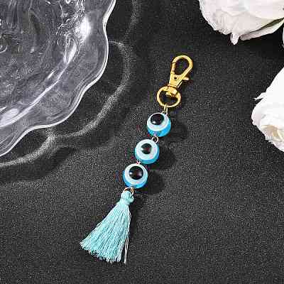 Resin Evil Eye Round Bead & Polyester Tassel Pendant Decorations HJEW-JM04164-01-1