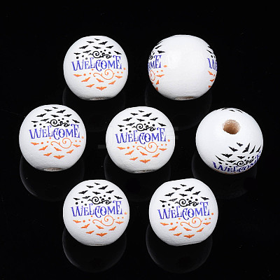 Halloween Printed Natural Wood Beads WOOD-S057-091-1