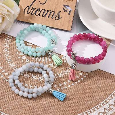 Dyed Natural Chalcedony Round Beads Stretch Bracelets Set for Girl Women BJEW-JB07058-1