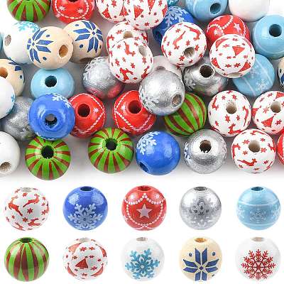 60Pcs 10 Styles Christmas Spray Painted Schima Wood Beads WOOD-FS0002-45-1