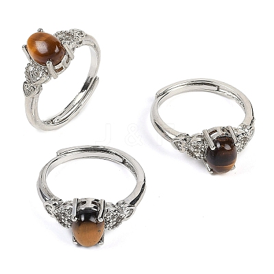 Oval Natural Tiger Eye Adjustable Rings RJEW-Q819-01P-02-1