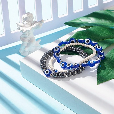 3Pcs 3 Style Synthetic Turquoise(Dyed) & Hematitie Round Beaded Stretch Bracelets Set BJEW-JB07620-1
