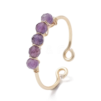 Copper Wire Wrapped Natural Gemstone Open Ring RJEW-JR00630-1
