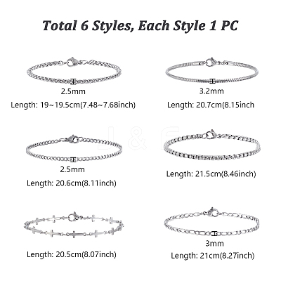 6Pcs 6 Styles 304 Stainless Steel Chain Bracelets BJEW-GA0001-18-1
