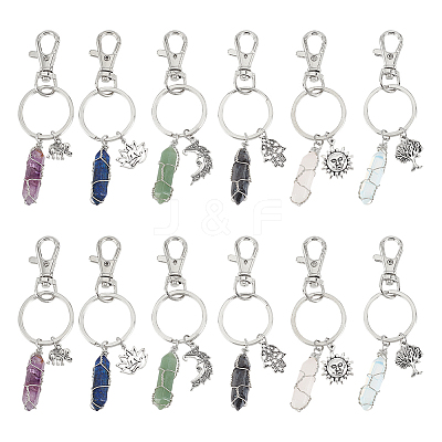 12Pcs 6 Style Natural & Synthetic Gemstone Copper Wire Wrapped Keychains KEYC-NB0001-31-1