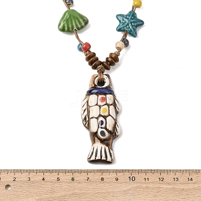 Ceramic Fish Pendant Adjustable Waxed Cord Necklaces for Women LS-NJEW-B146-05-1