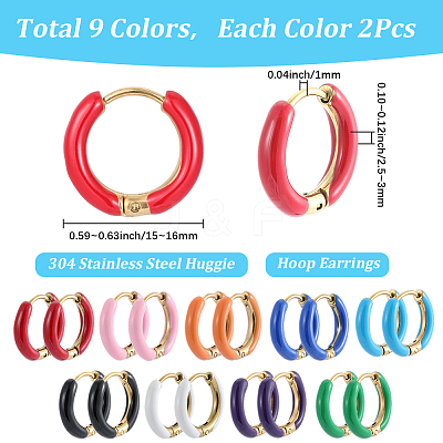 9 Pairs 9 Colors Two Tone 304 Stainless Steel Chunky Huggie Hoop Earrings EJEW-SC0001-90-1