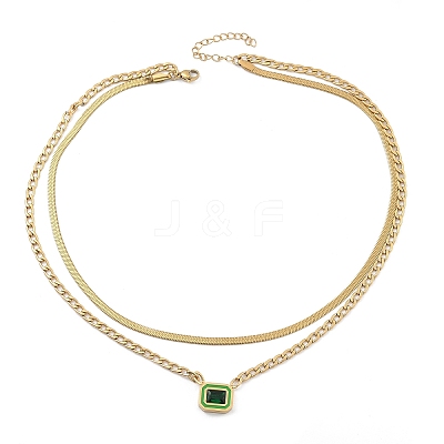 304 Stainless Steel Rhinestone Rectangle Pendant Double Layer Necklaces for Women NJEW-Z070-01G-02-1
