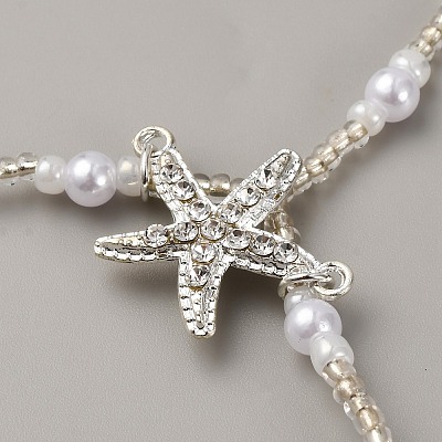 Bohemian Alloy Starfish Charm Glass Seed Beads and Plastic Imitation Pearl Beaded Toe Ring Stretch Anklets for Women AJEW-WH0270-834B-1