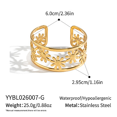 304 Stainless Steel Vintage Daisy Flower Hollow Open Cuff Bangles for Women HL3157-1-1
