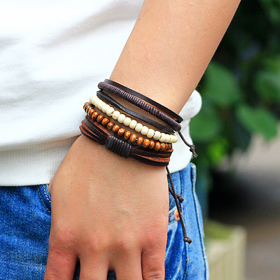 Adjustable Braided Leather Cord Wooden Beaded Multi-strand Bracelets BJEW-P0001-15-1