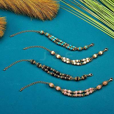 4Pcs 4 Style Synthetic Turquoise & Magnesite & Natural Larvikite & Rose Quartz Beaded Multi-strand Bracelets Set for Women BJEW-SW00038-1