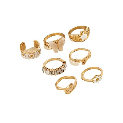 7Pcs Alloy & Acrylic & Rhinestone Enamel Finger Rings FS-WG81463-01-1