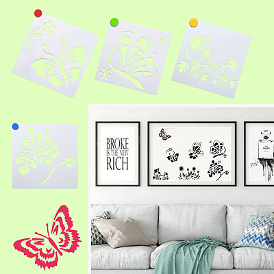 2Sets Square with Floral & Butterfly Pattern PET Drawing Stencil DIY-CW0001-12-1