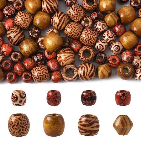 161Pcs 8 Styles Printed Natural Wood Beads WOOD-FS0001-52-1
