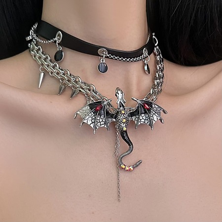Alloy Resin Rhinestone Dragon Pendant Black PU Leather Double Layer Choker Necklaces for Women FS-WGA08B0-01-1