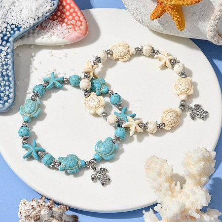 2Pcs 2 Colors Starfish & Turtle Dyed Synthetic Turquoise Beaded Stretch Bracelet Sets BJEW-JB10925-1