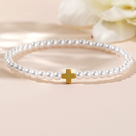 Minimalist Imitation Pearl & Brass Cross Beaded Stretch Bracelets QX2906-3-1