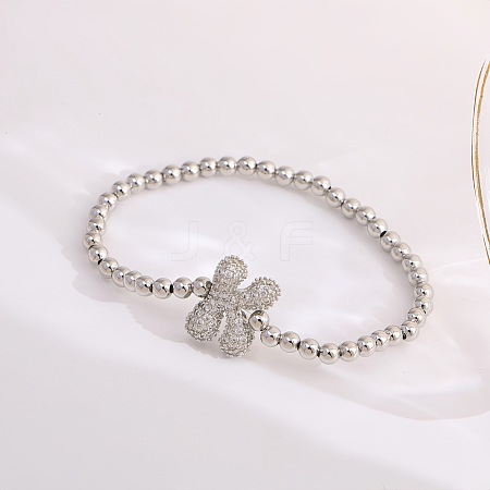 Brass Micro Pave Clear Cubic Zirconia Beaded Stretch Bracelets for Women FS-WG5260F-10-1