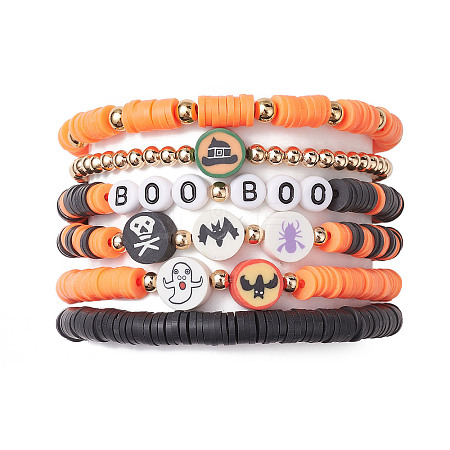 6Pcs 6 Styles Halloween Handmade Polymer Clay Beaded Stretch Bracelets Sets BJEW-TA00490-1
