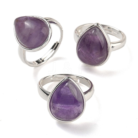 Natural Amethyst Teardrop Adjustable Rings RJEW-K371-08S-15-1