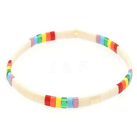 Bohemian Rainbow Glass Flat Double-Hole Bead Striped Women's Stretch Bracelets for Women QS8192-5-1