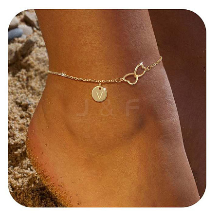 Brass Double Heart Link Flat Round Initial Charm Anklets for Women FS-WGA84B7-25-1