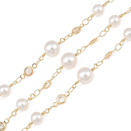 Rack Plating Brass & Round ABS Imitation Pearl & Glass Beaded Link Chains KK-CBA3816-01A-1