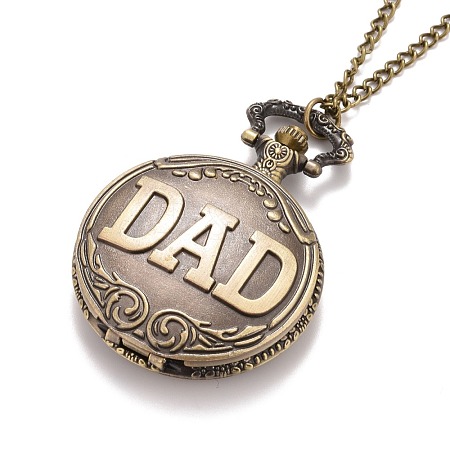 Alloy Flat Round with DAD Pendant Necklace Pocket Watch WACH-N012-22-1