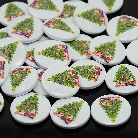 2-Hole Dyed Flat Round Printed Wooden Sewing Buttons for Christmas X-BUTT-P001-20mm-01-1