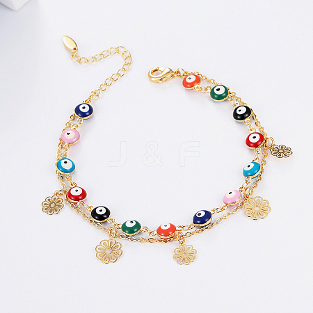 Bohemian Dyed Synthetic Turquoise Colorful Evil Eye Link Chain Brass Flower Tassel Double Layer Beach Anklets for Women CE2837-1