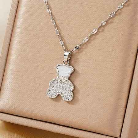 Brass Full Crystal Rhinestone Cute Delicate Bear Pendant Dapped Chain Necklaces for Women SV1086-1-1