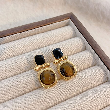 Brass Tiger Eye Stud Earrings EJEW-B120-05G-05-1