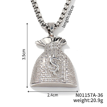 Shiny Hip-hop Style Brass Crystal Rhinestone Dollar Money Bag Pendant Box Chain Necklaces EW6640-1-1