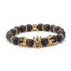 Round Natural Lava Rock Beaded Stretch Bracelet with Crown for Women BJEW-JB07530-02-1